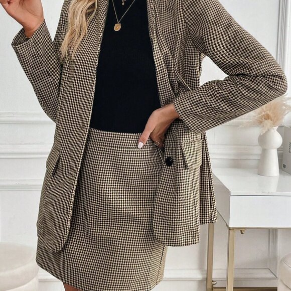 Coffee Brown Elegant Women's Vintage French V-Neck Tailored Suit Set - Picture 5 of 6